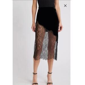 NWT Women’s FRAME Denim Velvet & Lace Midi Skirt in Black SZ 2